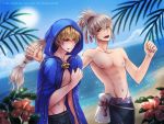  abs absurdres adonis_belt bare_chest beach blonde_hair blue_cloak blue_sky clenched_teeth cloak cloud cloudy_sky commentary day dutch_angle eeveetachi embarrassed english_commentary fire_emblem fire_emblem_heroes fire_emblem_if flower_knot highres hood hooded_cloak leon_(fire_emblem_if) long_hair male_focus male_swimwear multiple_boys ocean outdoors ponytail red_eyes sky smile sun swim_trunks swimwear takumi_(fire_emblem_if) tassel teeth tropical very_long_hair white_hair 