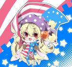  :d american_flag american_flag_dress american_flag_legwear bangs blonde_hair blush breasts chibi clownpiece commentary_request dress eyebrows_visible_through_hair fang flag hair_between_eyes hat holding holding_flag holding_torch jester_cap long_hair medium_breasts milkpanda mismatched_legwear neck_ruff open_mouth print_dress print_legwear red_eyes smile solo star star_print striped striped_dress striped_legwear thighhighs torch touhou very_long_hair 