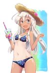  ahoge ass_visible_through_thighs bangs bikini blue_bikini blue_bikini_bottom blue_bikini_top blue_eyes blush collarbone commentary_request cowboy_shot cup drinking_straw eyebrows_visible_through_hair flower groin_tendon hair_between_eyes hair_flower hair_ornament hat highres holding kantai_collection long_hair looking_at_viewer moupii_(hitsuji_no_ki) navel one-piece_tan open_mouth polka_dot polka_dot_bikini polka_dot_bikini_bottom polka_dot_bikini_top ro-500_(kantai_collection) simple_background smile solo standing straw_hat string_bikini swimsuit tan tanline white_hair 