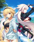  bangs black_gloves black_swimsuit blush braid braided_ponytail breasts closed_mouth eyebrows_visible_through_hair fate/grand_order fate_(series) gloves hair_between_eyes highres holding holding_sword holding_weapon inflatable_toy jeanne_d'arc_(alter_swimsuit_berserker) jeanne_d'arc_(fate)_(all) jeanne_d'arc_(swimsuit_archer) katana long_hair looking_at_viewer multiple_girls ocean sheath shrug_(clothing) smile source_request standing summer swimsuit sword takeuchi_takashi very_long_hair weapon weapon_on_back 
