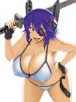  bikini breasts checkered checkered_neckwear cleavage commentary_request covered_nipples eyepatch headgear holding holding_sword holding_weapon huge_breasts kantai_collection kawanuma_uotsuri looking_at_viewer necktie open_mouth purple_hair shiny shiny_hair shiny_skin short_hair simple_background solo swimsuit sword tenryuu_(kantai_collection) weapon white_background white_bikini yellow_eyes 