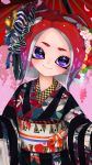  black_kimono blue_ribbon cephalopod_eyes closed_mouth floral_print flower hair_flower hair_ornament hair_ribbon head_tilt highres japanese_clothes kanzashi kashu_(hizake) kimono leaf long_sleeves looking_at_viewer monster_girl obi octarian octoling parasol pink_background print_kimono print_obi purple_eyes red_flower red_hair red_umbrella ribbon sash short_eyebrows short_hair silhouette smile solo splatoon_(series) splatoon_2 splatoon_2:_octo_expansion striped striped_ribbon suction_cups tentacle_hair thick_eyebrows umbrella upper_body white_flower yellow_flower 