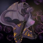  2018 anthro areola at_viewer big_breasts black_hair black_skin breasts bubble butt clothing dark darkness digital_media_(artwork) dragon eyebrows eyelashes fan_character female gloves hair hi_res horn looking_at_viewer markings mdwines nipples nude open_mouth purple_nipples rubber scalie simple_background smile solo thick_thighs watermark wings yellow_eyes 