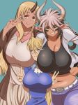  3girls between_breasts blonde_hair breast_smother breasts cathyl centorea_shianus grin head_between_breasts horns huge_breasts midriff monster_girl monster_musume_no_iru_nichijou multiple_girls navel size_difference smile standing tionishia v 