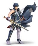  birthmark blue_eyes blue_hair cape falchion_(fire_emblem) fire_emblem fire_emblem:_kakusei full_body gloves highres krom looking_at_viewer male_focus official_art solo super_smash_bros. super_smash_bros._ultimate sword transparent_background weapon 