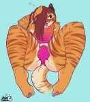  anthro bagelcollector blush bulge clothed clothing crossdressing feline girly hair hair_over_eye makeup male mammal smile solo thick_thighs tiger 