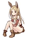  animal_ears backless_outfit bangs bare_legs belt blonde_hair blush boots bridal_gauntlets collarbone elbow_gloves erun_girl erune eyebrows_visible_through_hair flat_chest gloves granblue_fantasy green_eyes knees_together_feet_apart knees_up leg_hug long_hair looking_at_viewer parted_bangs side_slit simple_background sitting smile solo souryuu white_background 