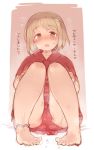  7010 :d barefoot blush breasts brown_eyes brown_hair commentary_request flower hair_flower hair_ornament heart heart-shaped_pupils hood hoodie idolmaster idolmaster_cinderella_girls large_breasts looking_at_viewer mimura_kanako open_mouth red_hoodie red_swimsuit short_hair sketch smile solo sweat swimsuit swimsuit_under_clothes symbol-shaped_pupils translation_request 