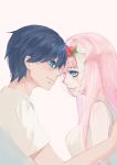  1boy 1girl absurdres bangs bare_shoulders black_hair blue_eyes blush breasts chu_dengdeng closed_mouth commentary couple darling_in_the_franxx eyeshadow flower forehead-to-forehead from_side green_eyes hair_flower hair_ornament hetero highres hiro_(darling_in_the_franxx) horns large_breasts long_hair makeup nightgown oni_horns pink_hair red_horns shirt short_hair sleeveless sleeveless_shirt smile spoilers white_nightgown white_shirt zero_two_(darling_in_the_franxx) 