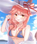  animal_ear_fluff animal_ears bad_id bad_pixiv_id bikini blue_bikini breasts cleavage day ears_through_headwear fang fate/grand_order fate_(series) fox_ears fox_tail hat highres large_breasts looking_at_viewer nacho open_mouth outdoors pink_hair ribbon side-tie_bikini sun_hat swimsuit tail tamamo_(fate)_(all) tamamo_no_mae_(swimsuit_lancer)_(fate) yellow_eyes 