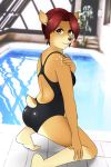  2018 anthro breasts buffbumblebee_(artist) butt cervine clothed clothing competition_swimsuit digital_drawing_(artwork) digital_media_(artwork) eyebrows eyelashes female fur hair hi_res looking_at_viewer mammal nude one-piece_swimsuit pool_(disambiguation) red_hair solo swimsuit tight_clothing water 