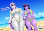  2018 5_fingers absurd_res anthro beach big_breasts bikini blue_eyes breasts clothed clothing cloud cutie_mark daughter dialogue duo english_text equine eyebrows eyelashes female friendship_is_magic grin hair hand_on_hip hi_res horn larger_female mammal mature_female mother mother_and_daughter multicolored_hair my_little_pony navel outside parent portrait pose purple_eyes purple_hair sand sea seaside signature size_difference sky sling_bikini smile standing string_bikini summer swimsuit tatemil teeth text thick_thighs three-quarter_portrait twilight_sparkle_(mlp) twilight_velvet_(mlp) two_tone_hair unicorn water white_hair wide_hips 