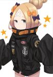  abigail_williams_(fate/grand_order) arashishi bangs black_bow black_jacket blonde_hair blue_eyes blush bow closed_mouth commentary_request crossed_bandaids fate/grand_order fate_(series) hair_bow hair_bun hands_up heroic_spirit_traveling_outfit jacket key long_hair long_sleeves looking_at_viewer orange_bow parted_bangs polka_dot polka_dot_bow simple_background sleeves_past_fingers sleeves_past_wrists solo star white_background 
