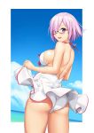  ass bikini blush breasts cloud day eyebrows_visible_through_hair fate/grand_order fate_(series) glasses hair_over_one_eye highres large_breasts looking_at_viewer looking_back mash_kyrielight ocean one-piece_swimsuit open_mouth purple_eyes purple_hair sawada_yuusuke short_hair side-tie_bikini sky smile solo swimsuit swimsuit_lift swimsuit_of_perpetual_summer tan tanline white_swimsuit 