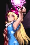  alternate_eye_color american_flag_dress arm_up armpits bare_arms black_background blonde_hair blue_dress blush breasts brown_eyes clownpiece commentary_request dress fairy_wings gengoroumaru_(ambidextrous) hair_between_eyes hand_on_hip hat highres holding holding_torch jester_cap long_hair looking_at_viewer medium_breasts neck_ruff polka_dot_hat purple_hat red_dress revision simple_background smile smirk solo star star_print striped striped_dress torch touhou uneven_eyes upper_body very_long_hair wings 
