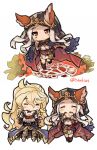  1girl animal_ears bangs blonde_hair blush chibi cloak ears_through_headwear eating erune eyebrows_visible_through_hair granblue_fantasy hood hooded_cloak itsukia long_hair naoise scathacha_(granblue_fantasy) signature silver_hair twitter_username wavy_hair white_background 