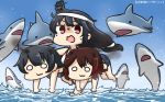  :3 agano_(kantai_collection) animal barefoot black_hair brown_hair carrying commentary_request dated fish hair_between_eyes hair_ornament hamu_koutarou highres kantai_collection long_hair multiple_girls mutsuki_(kantai_collection) o_o ocean open_mouth red_eyes running_on_liquid shaded_face shark short_hair yamashiro_(kantai_collection) 