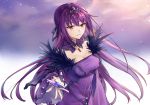  bangs black_ribbon blush breasts cleavage commentary crystal detached_collar dress eyebrows_visible_through_hair fate/grand_order fate_(series) feather_trim hair_between_eyes hair_ribbon headpiece large_breasts long_sleeves looking_at_viewer parted_lips purple_collar purple_dress purple_hair red_eyes ribbon scathach_(fate)_(all) scathach_skadi_(fate/grand_order) shiao silver_trim solo wide_sleeves 