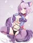  animal_ears blush breasts claw_pose claws cosplay craft_essence dangerous_beast elbow_gloves eyebrows_visible_through_hair eyes_visible_through_hair fate/grand_order fate_(series) fur-trimmed_gloves fur-trimmed_legwear fur_collar fur_trim gloves hair_over_one_eye halloween halloween_costume highres kengorou_saemon_ii_sei lace lace-trimmed_thighhighs looking_at_viewer mash_kyrielight mash_kyrielight_(cosplay) o-ring o-ring_top partially_visible_vulva pink_hair purple_eyes purple_gloves purple_hair purple_legwear revealing_clothes short_hair solo spread_legs squatting tail thighhighs thighs wolf_ears wolf_tail 