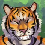  2013 anthro digital_media_(artwork) eyes_closed fangs feline mammal pink_nose reaction_image smile solo teeth tiger trunorth whiskers 
