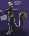  ... 2018 ? anthro bdsm black_nose blush bondage bound brown_fur bulge claws clothed clothing crimsoneclipse darrath dialogue digital_drawing_(artwork) digital_media_(artwork) english_text fur hair handcuffs hi_res long_tail male mammal mustelid otter purple_background rubber shackles shiny simple_background slave smile solo speech_bubble standing submissive_male teeth text toeless_legwear webbed_feet webbed_hands webbing white_hair 