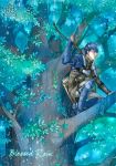  blue_eyes blue_hair bow_(weapon) canopy elbow_gloves fire_emblem fire_emblem_echoes:_mou_hitori_no_eiyuuou fire_emblem_gaiden gloves holding holding_bow_(weapon) holding_weapon in_tree male_focus one_knee paison rain solo tamami_if tree water_drop weapon 