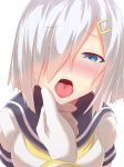  absurdres blue_eyes blush breasts chin_grab commentary_request eyebrows_visible_through_hair eyes_visible_through_hair hair_ornament hair_over_one_eye hairclip hamakaze_(kantai_collection) hand_on_another's_chin highres kantai_collection large_breasts looking_at_viewer open_mouth out_of_frame pov pov_hands school_uniform serafuku short_hair short_sleeves silver_hair solo_focus twinameless yellow_neckwear 