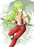  ;) aka_tawashi ascot bangs belt black_footwear blush breasts cane commentary_request eyebrows_visible_through_hair eyes_visible_through_hair feet_out_of_frame green_eyes green_hair hair_between_eyes high-waist_pants high_heels highres holding holding_umbrella juliet_sleeves kazami_yuuka kazami_yuuka_(pc-98) large_breasts leg_up long_hair long_sleeves looking_at_viewer one_eye_closed pants plaid plaid_pants plaid_vest pocket puffy_sleeves red_pants red_vest shirt sidelocks sleeve_garters smile solo thighs touhou touhou_(pc-98) umbrella very_long_hair vest white_shirt wing_collar yellow_neckwear 