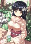  1girl bench black_hair blush breasts chinese_commentary commentary cup day floral_print flower fusou_(warship_girls_r) grass hair_flower hair_ornament highres hime_cut holding holding_cup japanese_clothes kimono large_breasts long_hair looking_at_viewer outdoors pink_kimono rock sitting smile solo srwsrx_(gp03dsrx) tea teacup tree very_long_hair warship_girls_r yellow_eyes 