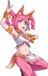  1girl :o animal_ear_fluff animal_ears arm_up armlet armpits bare_shoulders bracelet crotchless_pants dancer eyebrows_visible_through_hair eyes_visible_through_hair hair_ornament highres jewelry kotri_(rabi-ribi) looking_at_viewer midriff navel necklace pants pink_eyes pink_hair rabi-ribi solo speckticuls tail transparent_background twintails upper_body 