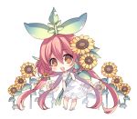  :d bangs bare_arms bare_shoulders blush brown_eyes chibi dress eyebrows_visible_through_hair flower granblue_fantasy hair_between_eyes hair_flower hair_ornament leaf leaning_forward long_hair mizuno_(suisuiw) object_hug open_mouth pink_hair plant_girl quad_tails round_teeth simple_background sleeveless sleeveless_dress smile solo standing sunflower teeth upper_teeth very_long_hair white_background white_dress white_footwear yellow_flower yggdrasil_(granblue_fantasy) 