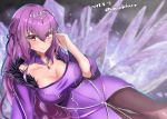  amamiya_kure bad_id bad_pixiv_id bangs bare_shoulders breasts cleavage commentary_request dress eyebrows_visible_through_hair fate/grand_order fate_(series) fur_trim hair_between_eyes jewelry large_breasts long_hair looking_at_viewer purple_dress purple_hair red_eyes scathach_(fate)_(all) scathach_skadi_(fate/grand_order) smile solo tiara 