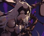  ahoge armor armored_dress bare_shoulders black_dress breasts chain closed_mouth commentary_request dress eyebrows_visible_through_hair fate/grand_order fate_(series) flag fur_trim gauntlets godoju headpiece holding holding_sword holding_weapon jeanne_d'arc_(alter)_(fate) jeanne_d'arc_(fate)_(all) long_hair shadow silver_hair sword weapon yellow_eyes 