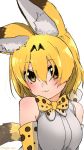 :3 animal_ear_fluff animal_ears bad_id bad_twitter_id bare_shoulders blush bow bowtie commentary_request elbow_gloves eyebrows_visible_through_hair gloves highres kemono_friends serval_(kemono_friends) serval_ears serval_print serval_tail short_hair sleeveless solo tail turbo_engine_(rakugaki_tabo) upper_body yellow_eyes 