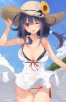  bikini bikini_under_clothes black_bikini blush breasts cleavage cloud covered_navel day dress flower hand_on_headwear hat hat_flower highres kagerou_(shadowmage) kantai_collection large_breasts long_hair looking_at_viewer low_twintails multicolored multicolored_bikini multicolored_clothes one_eye_closed open_mouth purple_hair red_eyes see-through_silhouette sky smile solo strap_slip straw_hat sunflower swimsuit taigei_(kantai_collection) twintails white_dress 