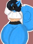  2018 anthro areola big_breasts blue_fur breasts brown_eyes canine clothed clothing cropped_hoodie curled_tail digital_media_(artwork) eyebrows eyelashes female fluffy fluffy_tail front_view fur hair hoodie looking_at_viewer lucario mammal navel nintendo nipples one_eye_closed pok&eacute;mon pok&eacute;mon_(species) pok&eacute;morph short_hair simple_background sitting solo thick_thighs traashmann video_games voluptuous wide_hipes wink 