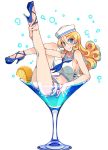  blonde_hair blue_eyes breasts cocktail_glass commentary_request cup curly_hair drinking_glass eyebrows_visible_through_hair hat high_heels in_container in_cup kusanagi_tonbo large_breasts long_hair midriff minigirl miniskirt navel original sailor sailor_collar sailor_hat skirt solo 