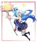  aqua_(konosuba) aqua_hair arm_warmers bare_shoulders blue_eyes blue_legwear boots breasts dress flower foreshortening frilled_skirt frills hair_bobbles hair_ornament hair_rings hari611 high_heel_boots high_heels kono_subarashii_sekai_ni_shukufuku_wo! long_hair medium_breasts open_mouth see-through short_dress skirt solo sparkle staff tears thigh_boots thighhighs thighhighs_under_boots white_legwear 