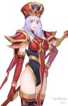  absurdres armor breasts commentary_request elbow_gloves gloves hat highres leotard lips lipstick makeup medium_breasts red_eyes sally_whitemane sohn_woohyoung solo staff thighhighs underbust warcraft white_hair world_of_warcraft 