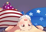  american_flag_dress blonde_hair breasts clownpiece dress gigantic_breasts hat jester_cap lying_on_back myuunium red_eyes simple_background star star_print striped striped_dress touhou 