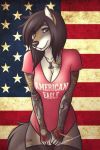  american_eagle_(company) anthro avoid_posting blue_eyes breasts canine cleavage clothed clothing ear_piercing english_text female hair_over_eyes mammal piercing spacepoptart standing stars_and_stripes tagme tattoo text united_states_of_america wolf 