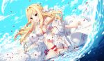  aliasing bikini blonde_hair braids breasts cleavage clouds fate/grand_order fate_(series) green_eyes long_hair petals ribbons rosuuri saber saber_extra skirt_lift sky swimsuit water watermark wristwear 