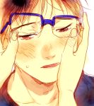  blue-framed_eyewear blue_shirt blush brown_eyes brown_hair close-up crying crying_with_eyes_open face fingernails glasses half-closed_eyes hands_on_another's_cheeks hands_on_another's_face katsuki_yuuri looking_away male_focus out_of_frame pov pov_hands shirt short_hair simple_background solo_focus sweatdrop tadano53 tears upper_body white_background yuri!!!_on_ice 