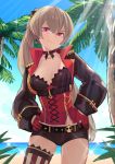  absurdres ao_(1234painter) azur_lane beach belt breasts choker cleavage earrings gloves grin hands_on_hips highres jean_bart_(azur_lane) jewelry light_brown_hair long_hair long_sleeves palm_tree pink_eyes ponytail red_gloves shorts single_thighhigh skull small_breasts smile solo striped striped_legwear thighhighs tree 