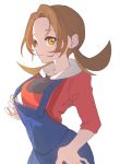  ankea_(a-ramo-do) brown_hair closed_mouth clothes_pull fingernails hand_on_hip highres kotone_(pokemon) long_hair orange_eyes overalls pokemon pokemon_(game) pokemon_hgss pulled_by_self simple_background sleeves_past_elbows smile solo twintails white_background 