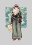  absurdres bangs belt boots brown_eyes brown_hair expressionless fur_collar hand_in_pocket headband highres holding_map jacket leaf_print looking_at_viewer map nanakawa_(nanasoon) open_clothes open_jacket original oversized_clothes pants pants_rolled_up print_jacket shirt short_hair simple_background solo 