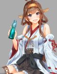  :d ahoge arm_support bangs bare_shoulders blush boots bottle breasts brown_hair collarbone detached_sleeves double_bun eyebrows_visible_through_hair grey_background hairband headgear highres holding holding_bottle japanese_clothes kantai_collection kongou_(kantai_collection) konkito long_hair looking_at_viewer nontraditional_miko open_mouth purple_eyes ramune remodel_(kantai_collection) sash sidelocks simple_background sitting skirt smile solo sweatdrop thigh_boots thighhighs thighs wide_sleeves 