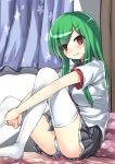  1girl admiral_hipper_(warship_girls_r) bed bow bowtie breasts cameltoe curtains green_hair grey_skirt hands_on_own_leg highres indoors knees_up large_breasts long_hair looking_at_viewer on_bed panties pillow red_eyes school_uniform shirt sitting sitting_on_bed skirt smile solo srwsrx_(gp03dsrx) thighhighs underwear warship_girls_r white_shirt 
