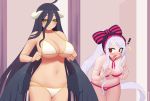  ! 2girls ahoge albedo artist_name bikini black_wings blush bow bow_panties bra breasts cleavage commentary_request horns kuroonehalf large_breasts long_hair medium_breasts multiple_girls nail_polish navel open_mouth overlord_(maruyama) panties parted_lips pink_bra pink_panties red_eyes ribbon shalltear_bloodfallen silver_hair skindentation slit_pupils small_breasts striped striped_ribbon surprised swimsuit underwear very_long_hair white_hair wings yellow_eyes 