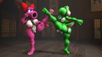  3d_(artwork) acrobatic angry anthro balls barefoot big_breasts big_butt birdo breasts butt daemont92 digital_media_(artwork) dojo erection feet female fight flexible girly green_yoshi hair_bow hair_ribbon kick male mario_bros martial_arts nintendo nipples nude penis plump_labia pussy reptile ribbons scalie source_filmmaker sparring spreading video_games yoshi 